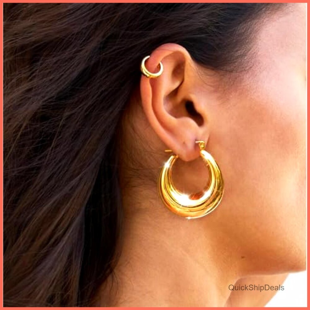 14K Gold Plated Chunky Triple Hoop Earrings Hypoallergenic - Picture 4 of 7
